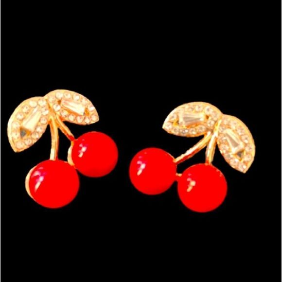 Sweet Red Cherry Earrings Summer Fruit Salad Crystal Cubic Zirconia Drop NEW - Picture 3 of 9